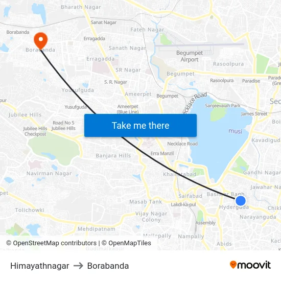 Himayathnagar to Borabanda map