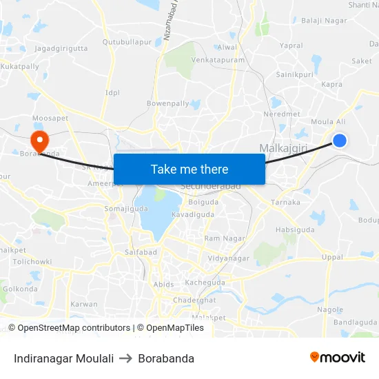 Indiranagar Moulali to Borabanda map