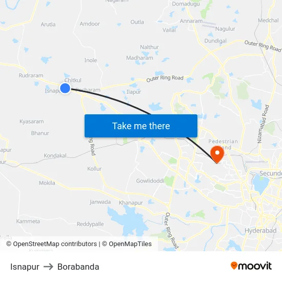 Isnapur to Borabanda map