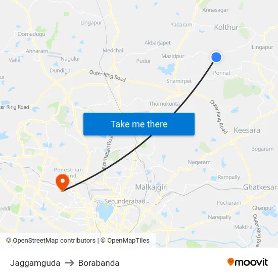 Jaggamguda to Borabanda map