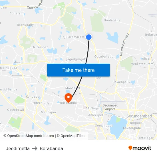 Jeedimetla to Borabanda map