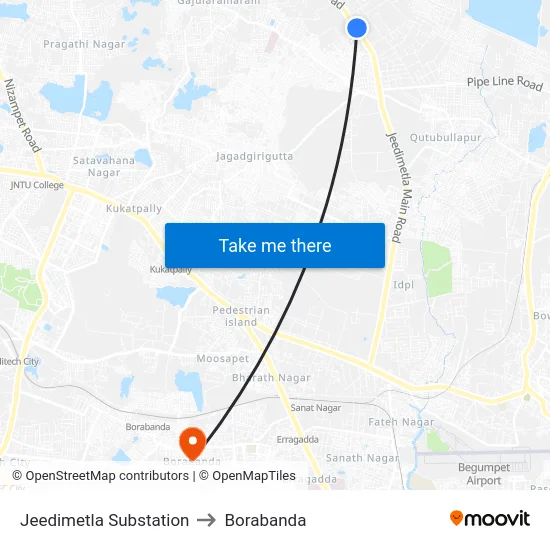 Jeedimetla Substation to Borabanda map