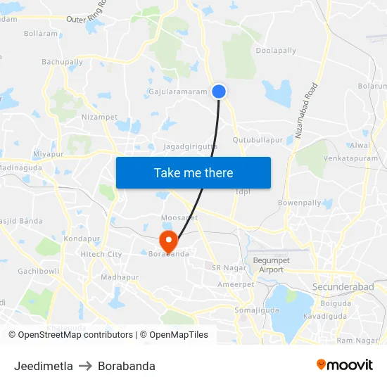 Jeedimetla to Borabanda map
