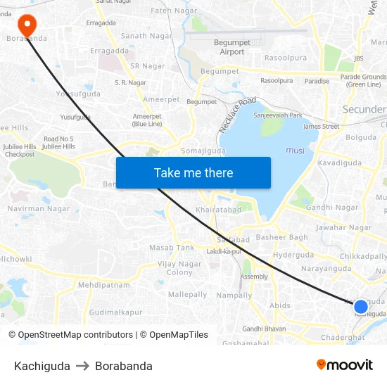 Kachiguda to Borabanda map