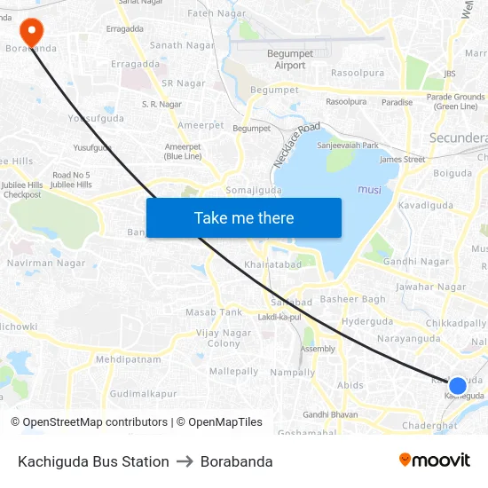 Kachiguda Bus Station to Borabanda map