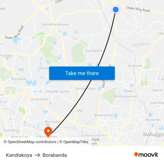 Kandlakoya to Borabanda map