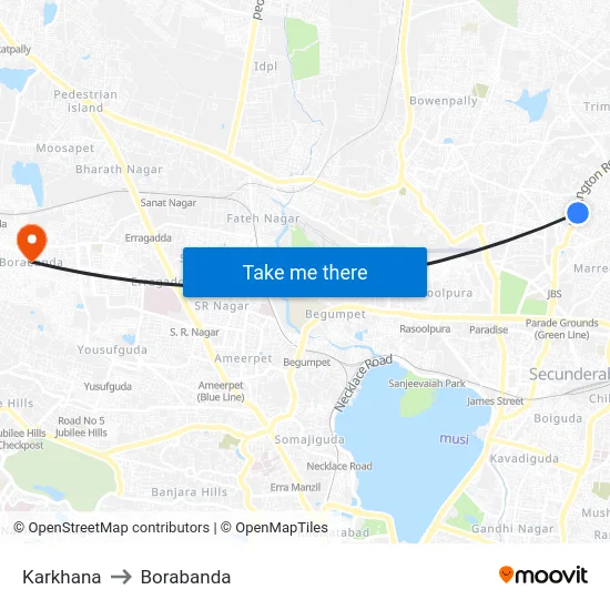 Karkhana to Borabanda map