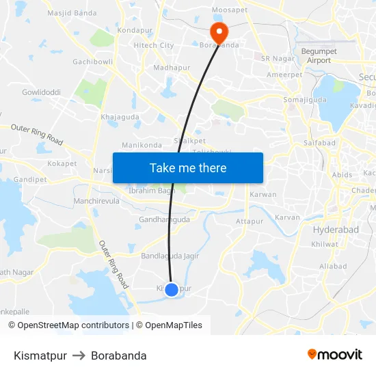 Kismatpur to Borabanda map