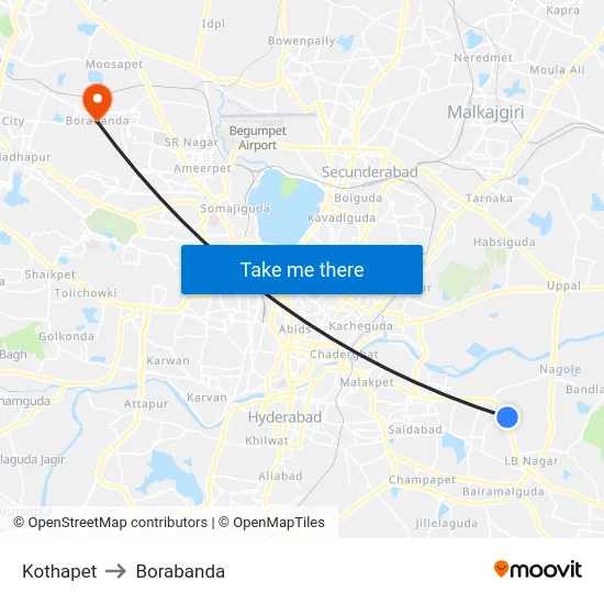 Kothapet to Borabanda map