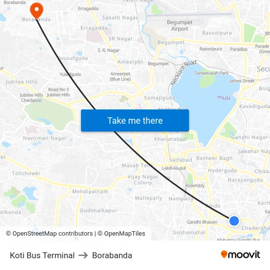 Koti Bus Terminal to Borabanda map
