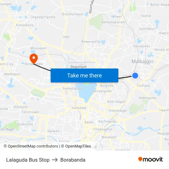 Lalaguda Bus Stop to Borabanda map