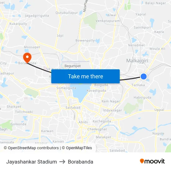 Jayashankar Stadium to Borabanda map