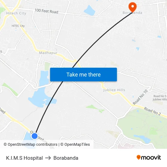 K.I.M.S Hospital to Borabanda map
