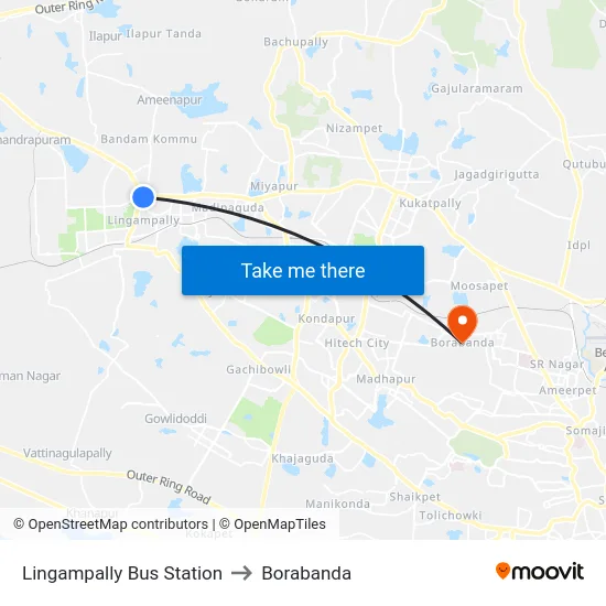 Lingampally Bus Station to Borabanda map