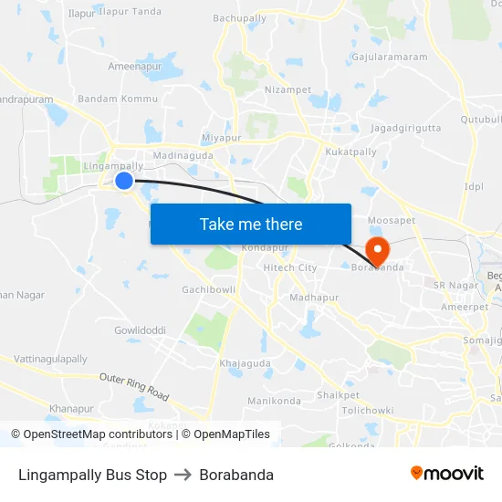 Lingampally Bus Stop to Borabanda map