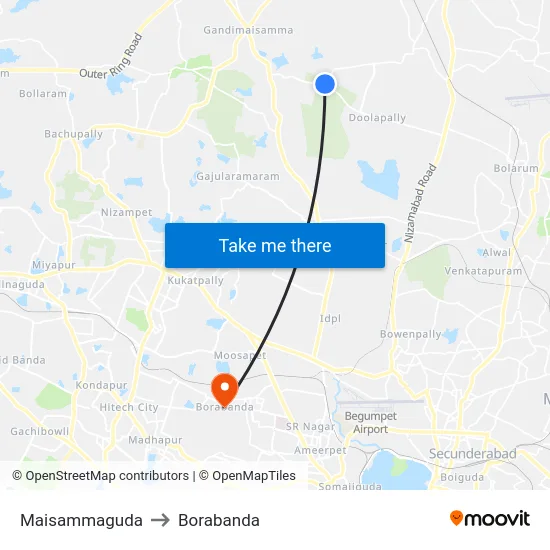 Maisammaguda to Borabanda map