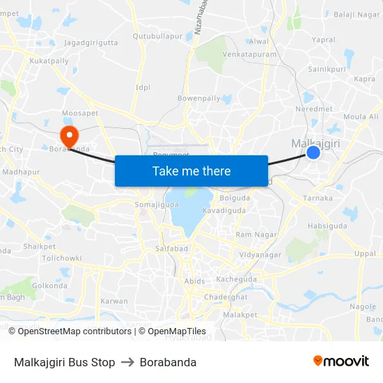 Malkajgiri Bus Stop to Borabanda map