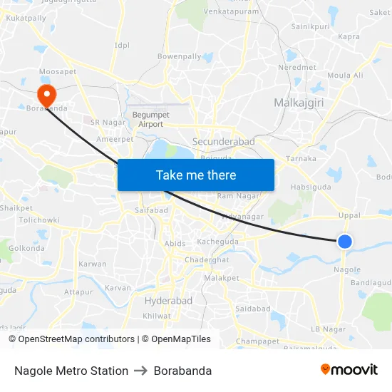 Nagole Metro Station to Borabanda map
