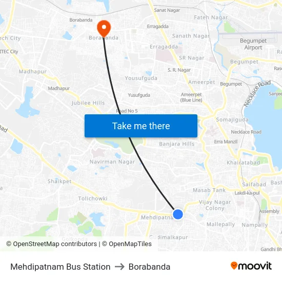 Mehdipatnam Bus Station to Borabanda map
