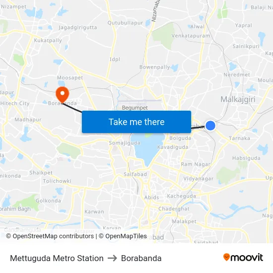 Mettuguda Metro Station to Borabanda map