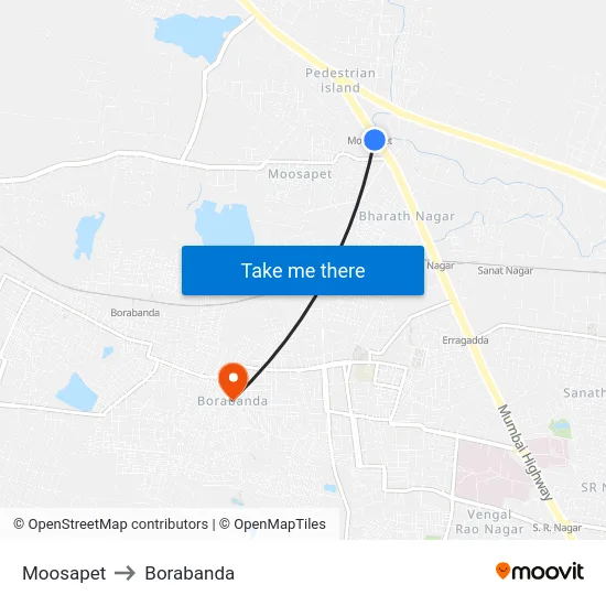 Moosapet to Borabanda map