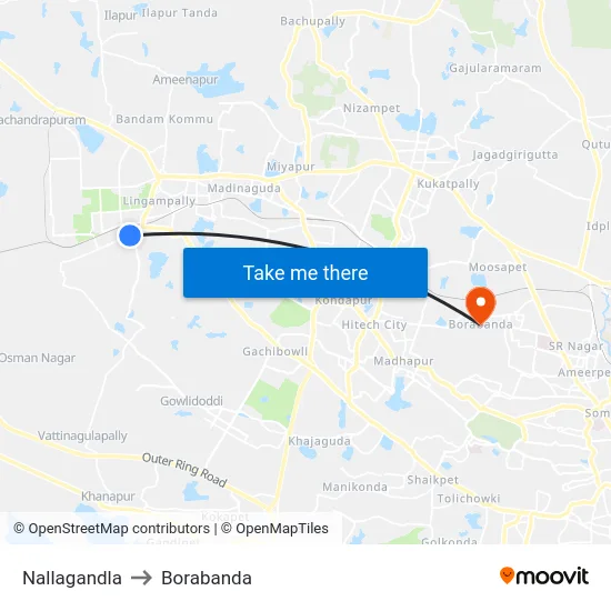 Nallagandla to Borabanda map