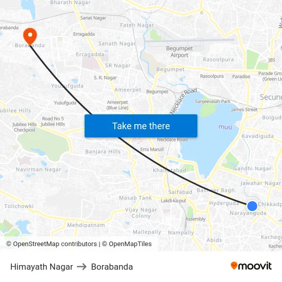 Himayath Nagar to Borabanda map