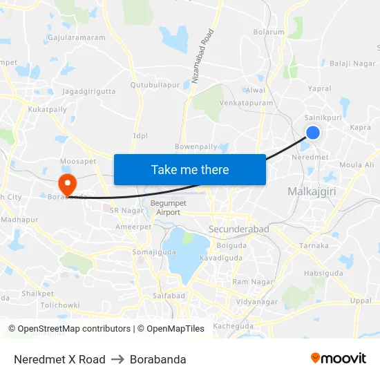 Neredmet X Road to Borabanda map