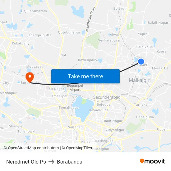 Neredmet Old Ps to Borabanda map