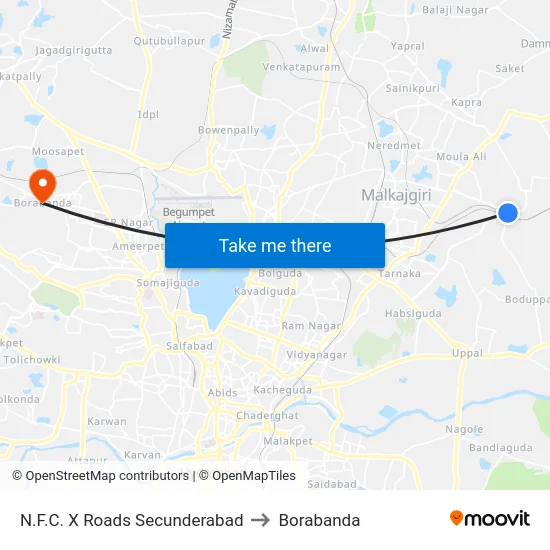N.F.C. X Roads Secunderabad to Borabanda map