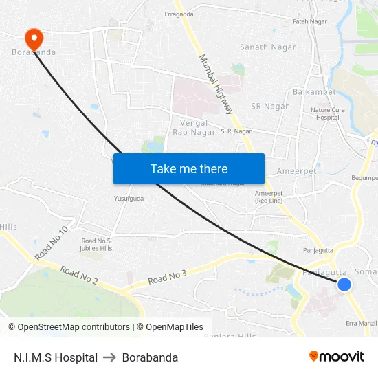 N.I.M.S Hospital to Borabanda map