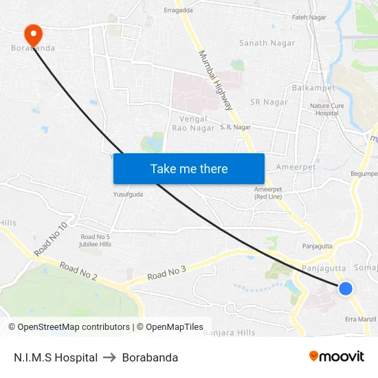 N.I.M.S Hospital to Borabanda map