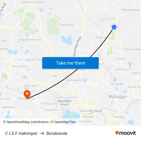 C.I.S.F Hakimpet to Borabanda map