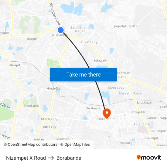 Nizampet X Road to Borabanda map