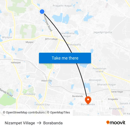 Nizampet Village to Borabanda map