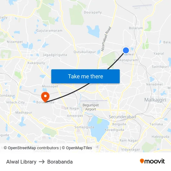Alwal Library to Borabanda map