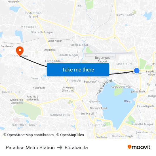 Paradise Metro Station to Borabanda map