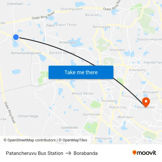 Patancheruvu Bus Station to Borabanda map