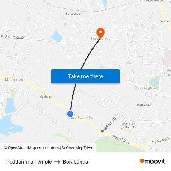 Peddamma Temple to Borabanda map