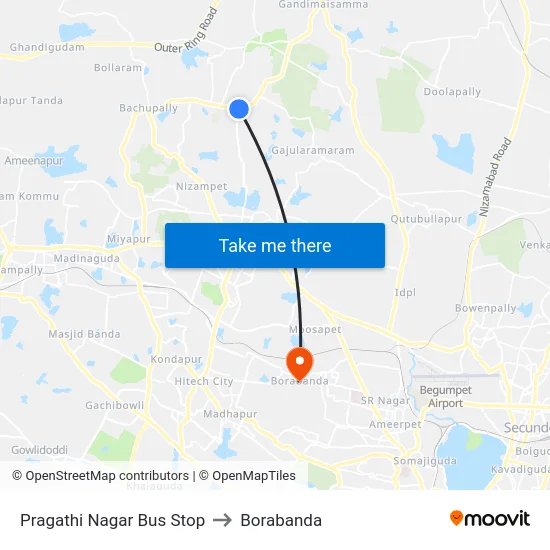 Pragathi Nagar Bus Stop to Borabanda map