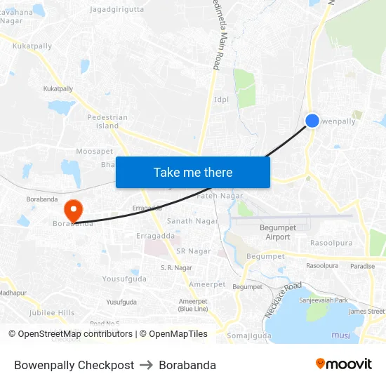 Bowenpally Checkpost to Borabanda map