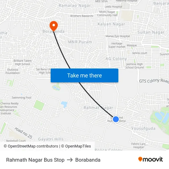 Rahmath Nagar Bus Stop to Borabanda map