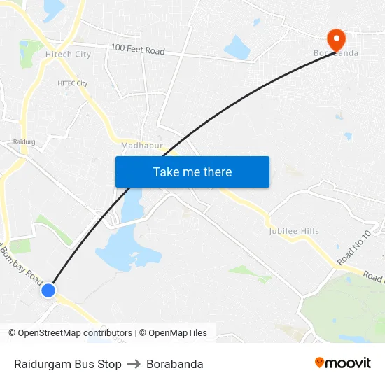 Raidurgam Bus Stop to Borabanda map