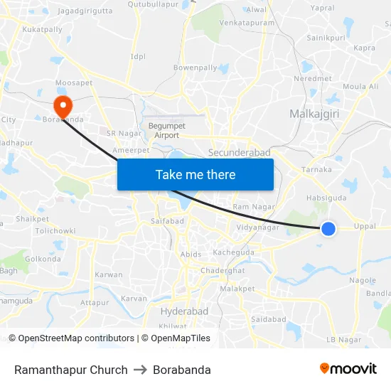Ramanthapur Church to Borabanda map