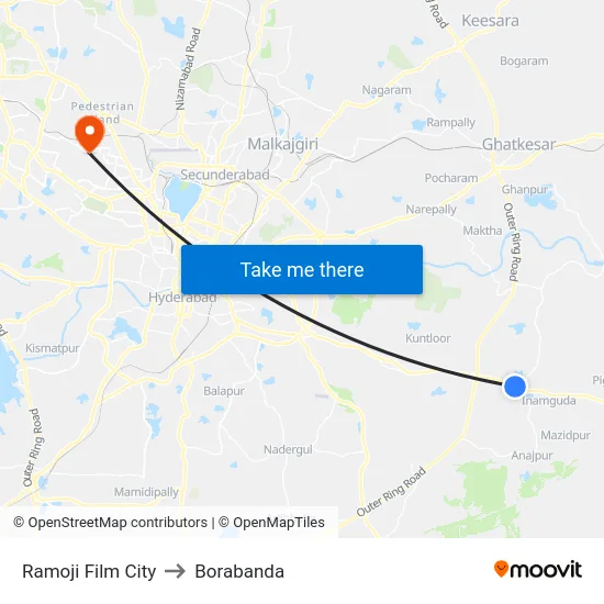 Ramoji Film City to Borabanda map