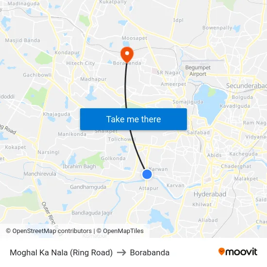 Moghal Ka Nala (Ring Road) to Borabanda map
