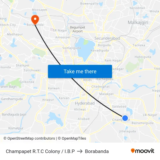 Champapet R.T.C Colony / I.B.P to Borabanda map