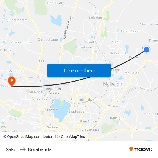 Saket to Borabanda map