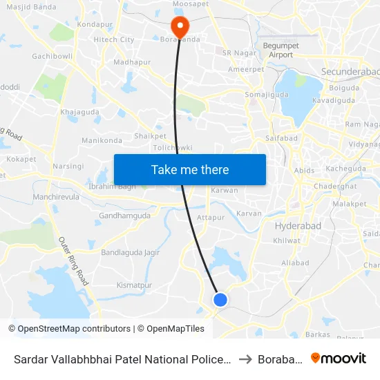 Sardar Vallabhbhai Patel National Police Academy to Borabanda map
