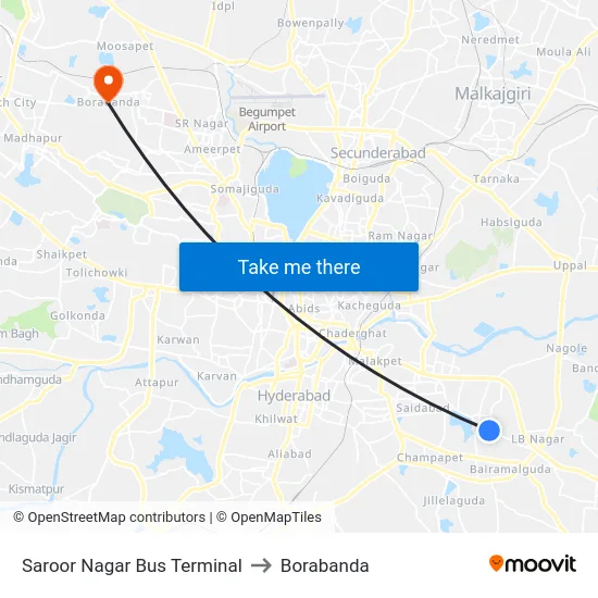 Saroor Nagar Bus Terminal to Borabanda map